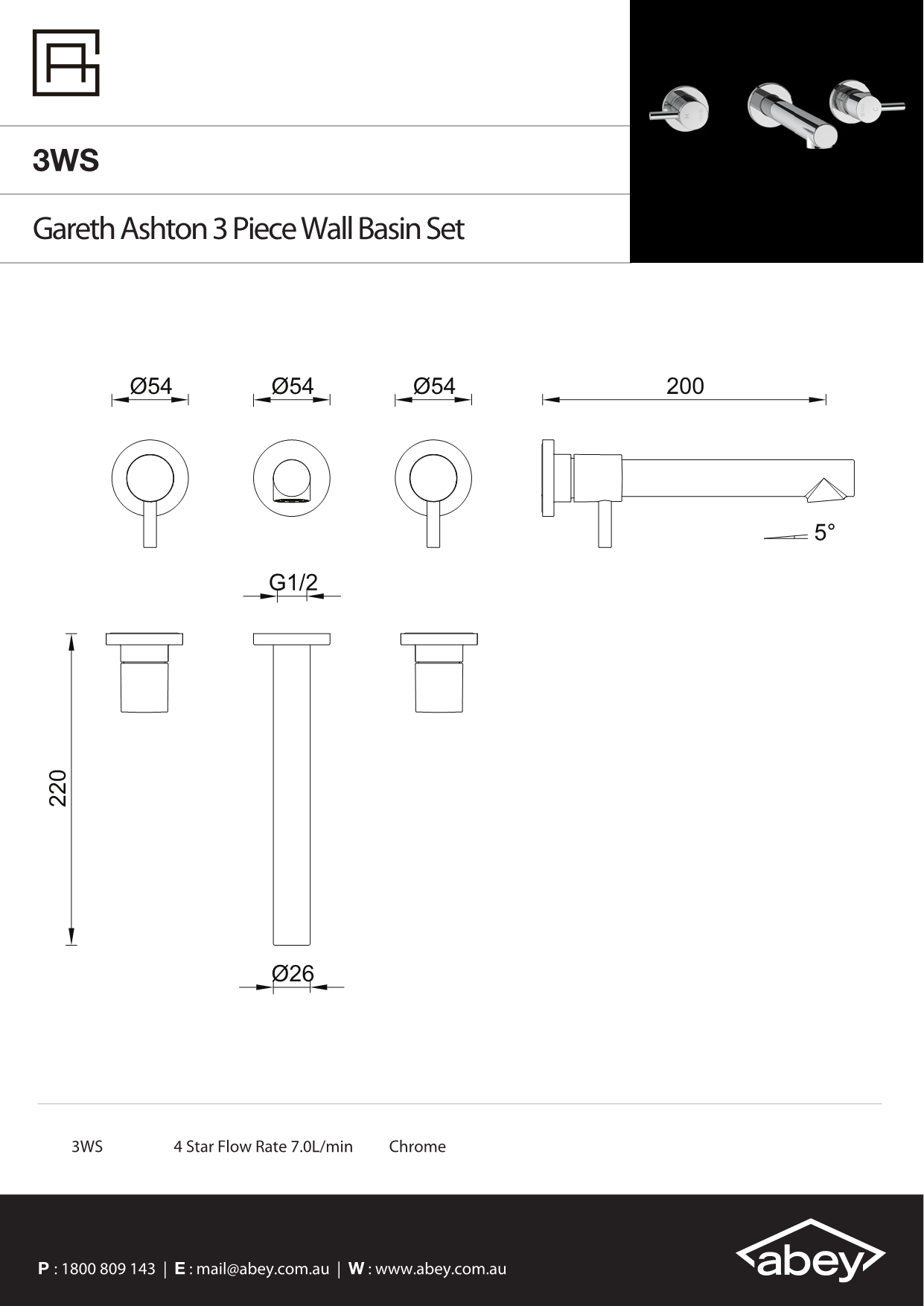 Chrome Lucia 3 Piece Wall Basin Set