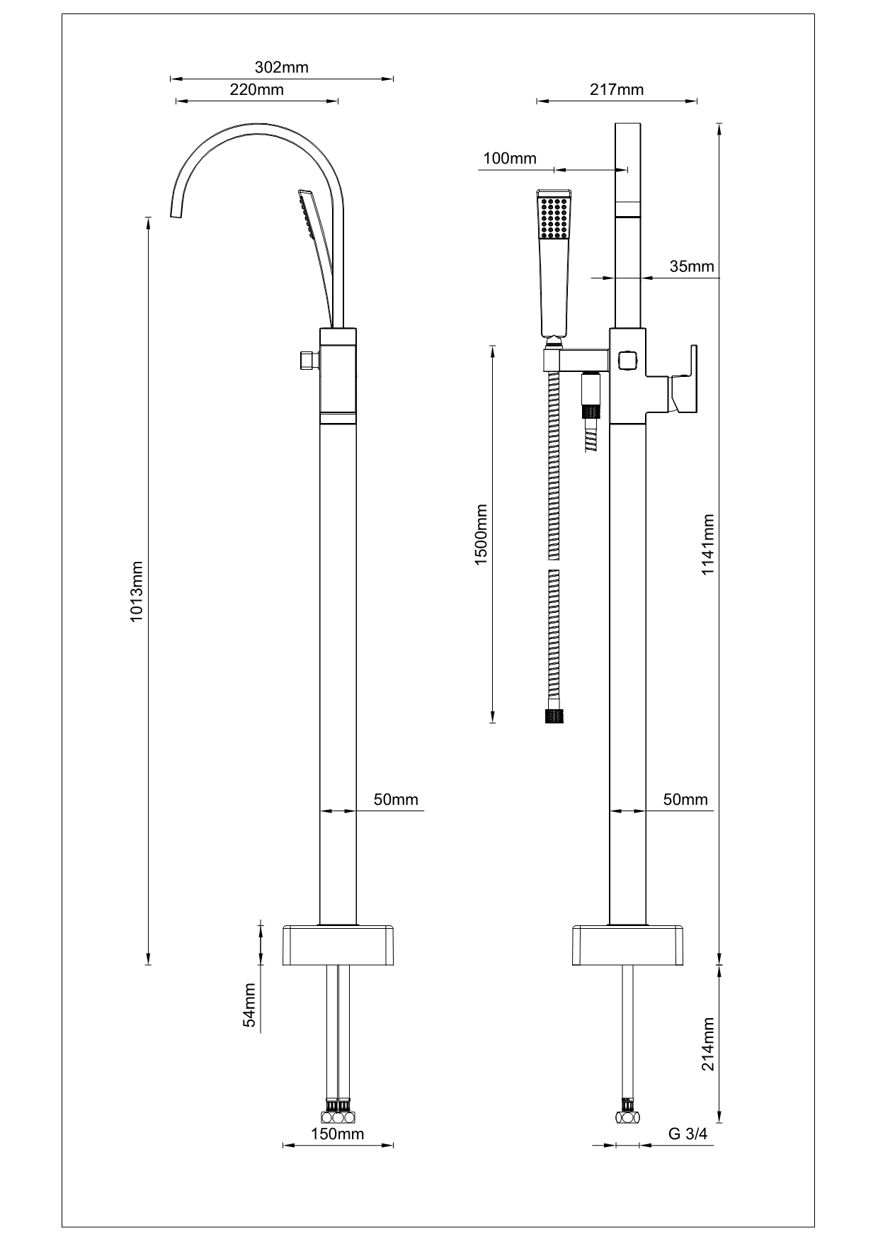 Chrome Park Avenue Floor Mounted Bath Filler with Hand Shower