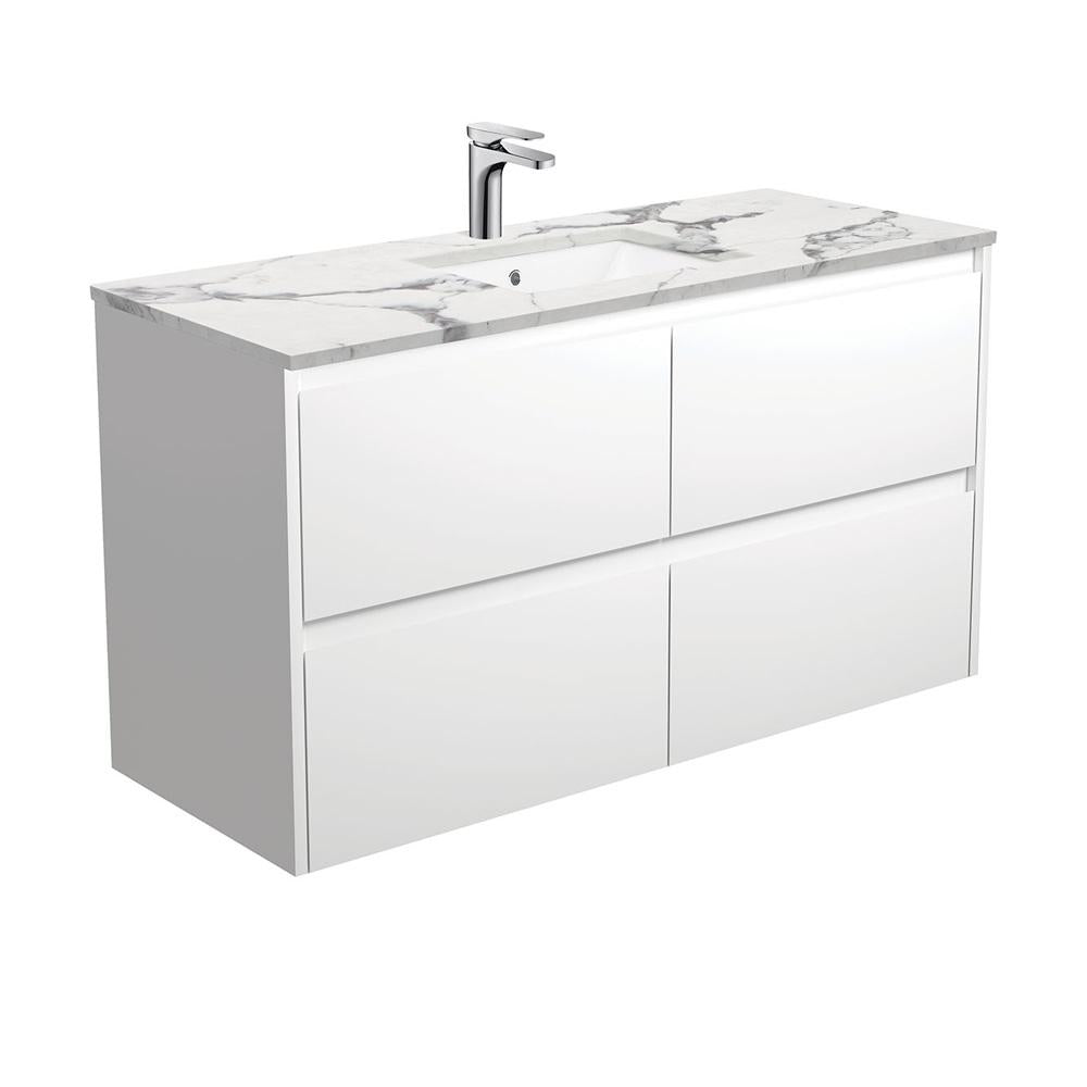 Sarah Calacatta Undermount, Amato 1200, Matte White Vanity, Wall-Hung