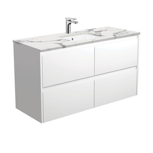 Sarah Calacatta Undermount, Amato 1200, Matte White Vanity, Wall-Hung