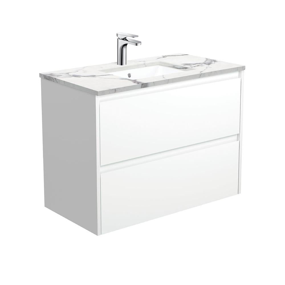 Sarah Calacatta Undermount, Amato 900, Matte White Vanity, Wall-Hung