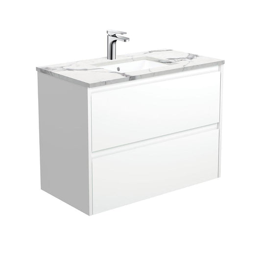Sarah Calacatta Undermount, Amato 900, Matte White Vanity, Wall-Hung