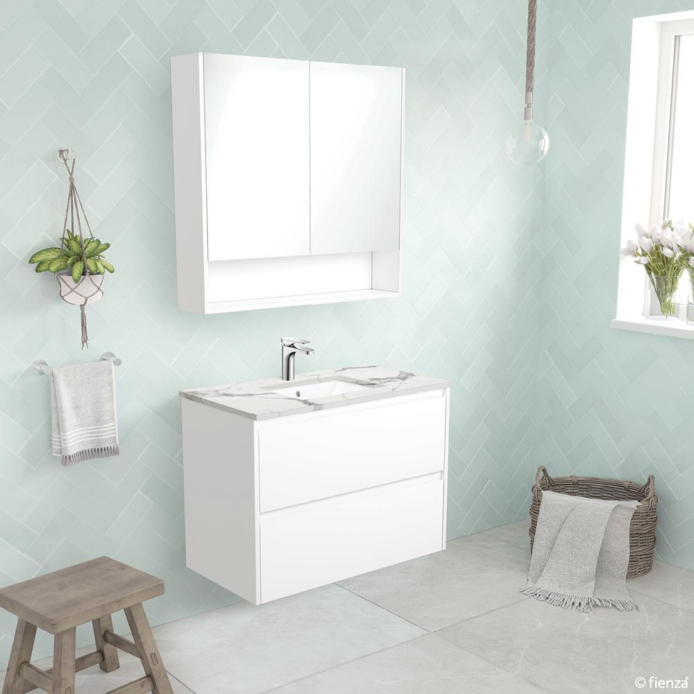 Sarah Calacatta Undermount, Amato 900, Matte White Vanity, Wall-Hung